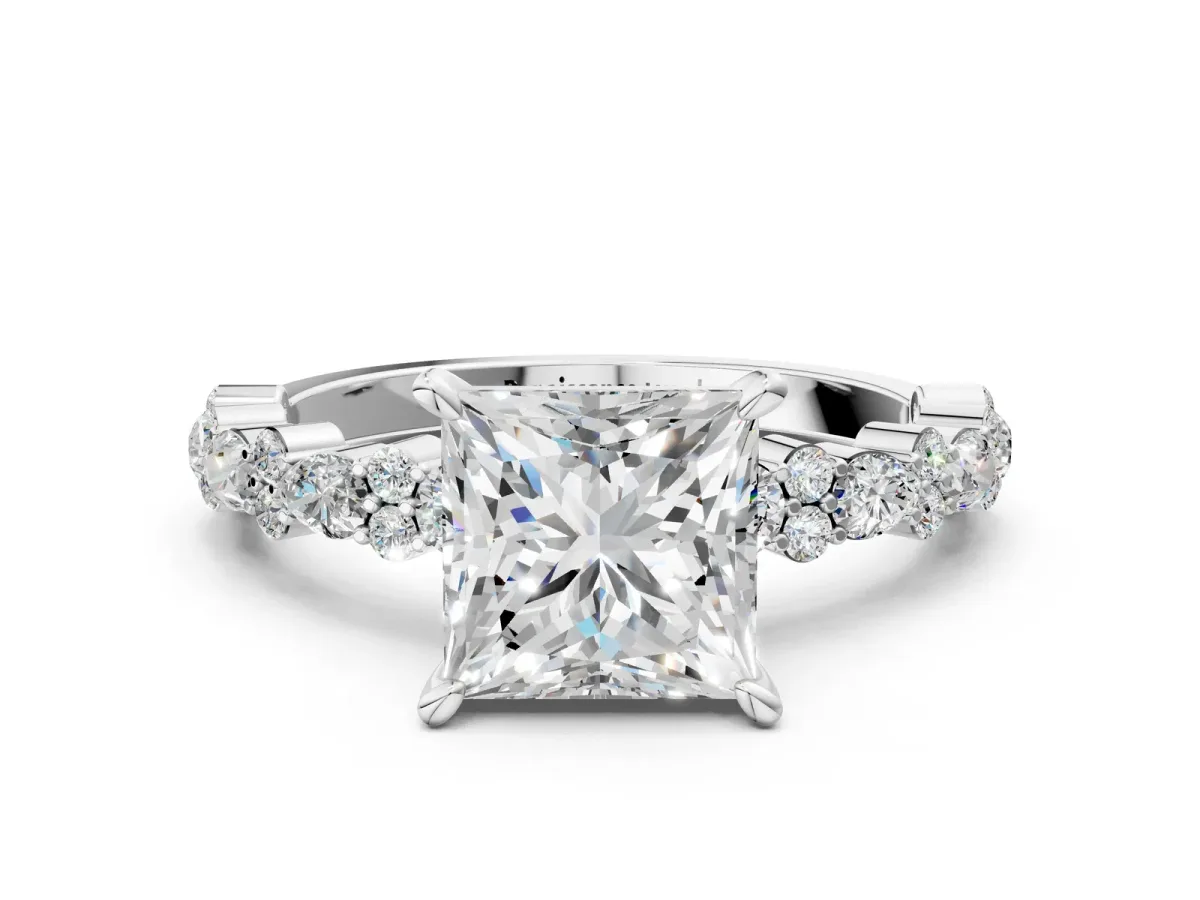 Princess Cut Diamond Side Stone Solitaire Ring with Round Moissanite and Four-Prong Setting Silver