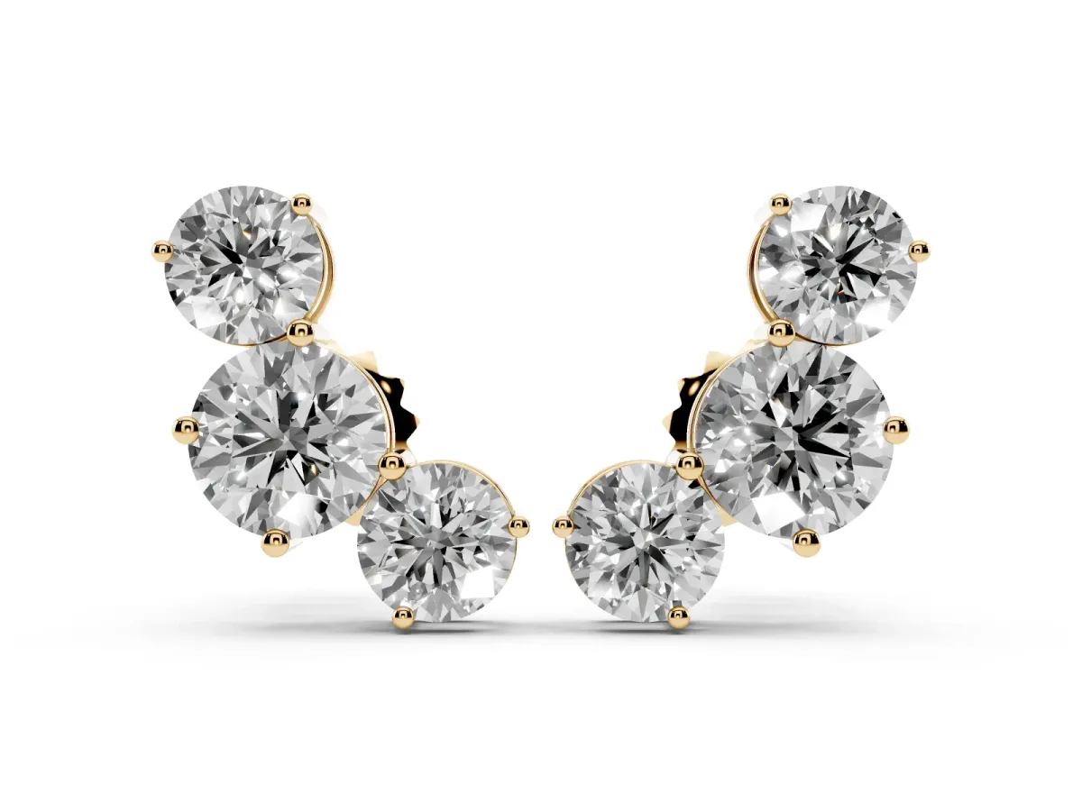Round Cut Diamond Graduated Three-Stone Stud Earrings Yellow gold