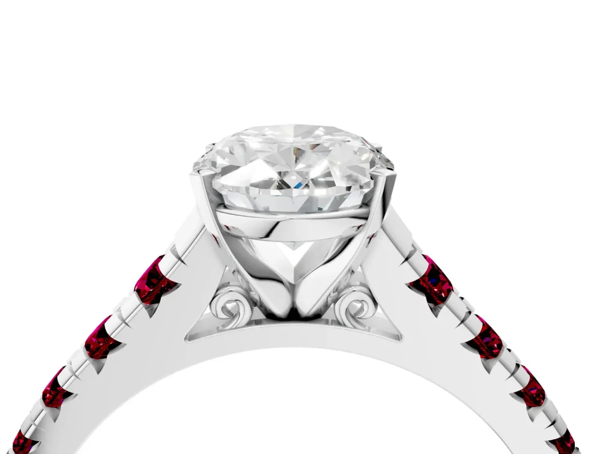 Oval Cut Diamond Cathedral Solitaire Ring with Round Garnet Pavé Band Platinum