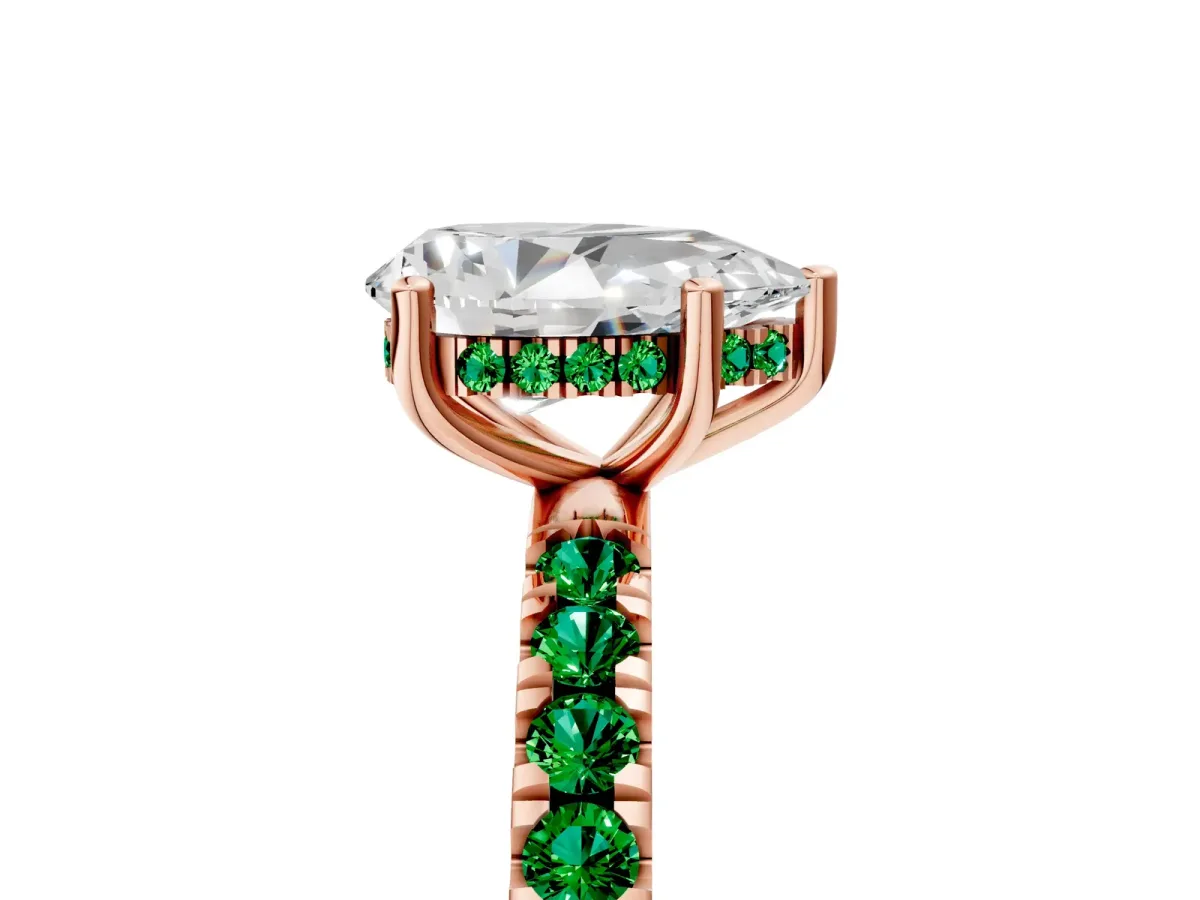 Pear Cut Diamond Pave Band Solitaire Ring with Round Emerald and Prong Setting Rose gold