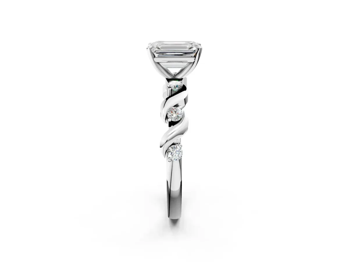 Emerald Cut Diamond Solitaire Twisted Band with Round Accents and Prong Setting Silver