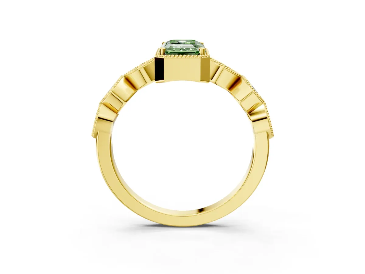 Fancy Green Emerald Cut Diamond Vintage Milgrain Ring with Round Stations Yellow gold