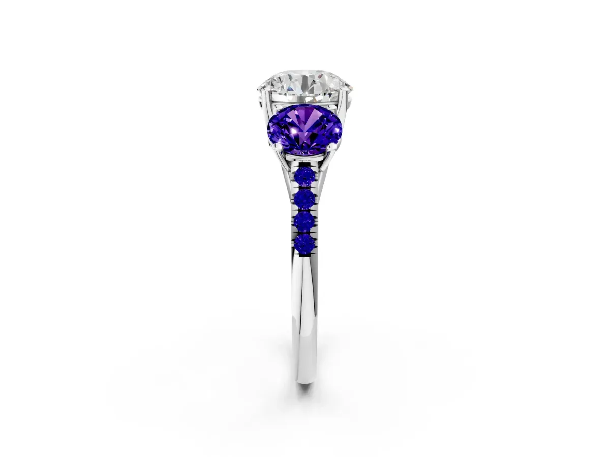 Three-Stone Round Cut Diamond Ring with Round Tanzanite Pavé Band and Prong Setting Platinum
