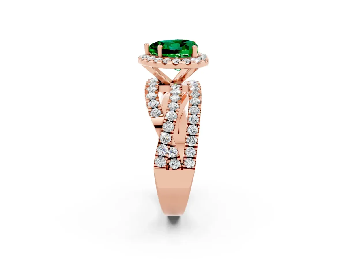 Heart Cut Emerald Halo Ring with Round Split Shank and Prong Setting Rose gold