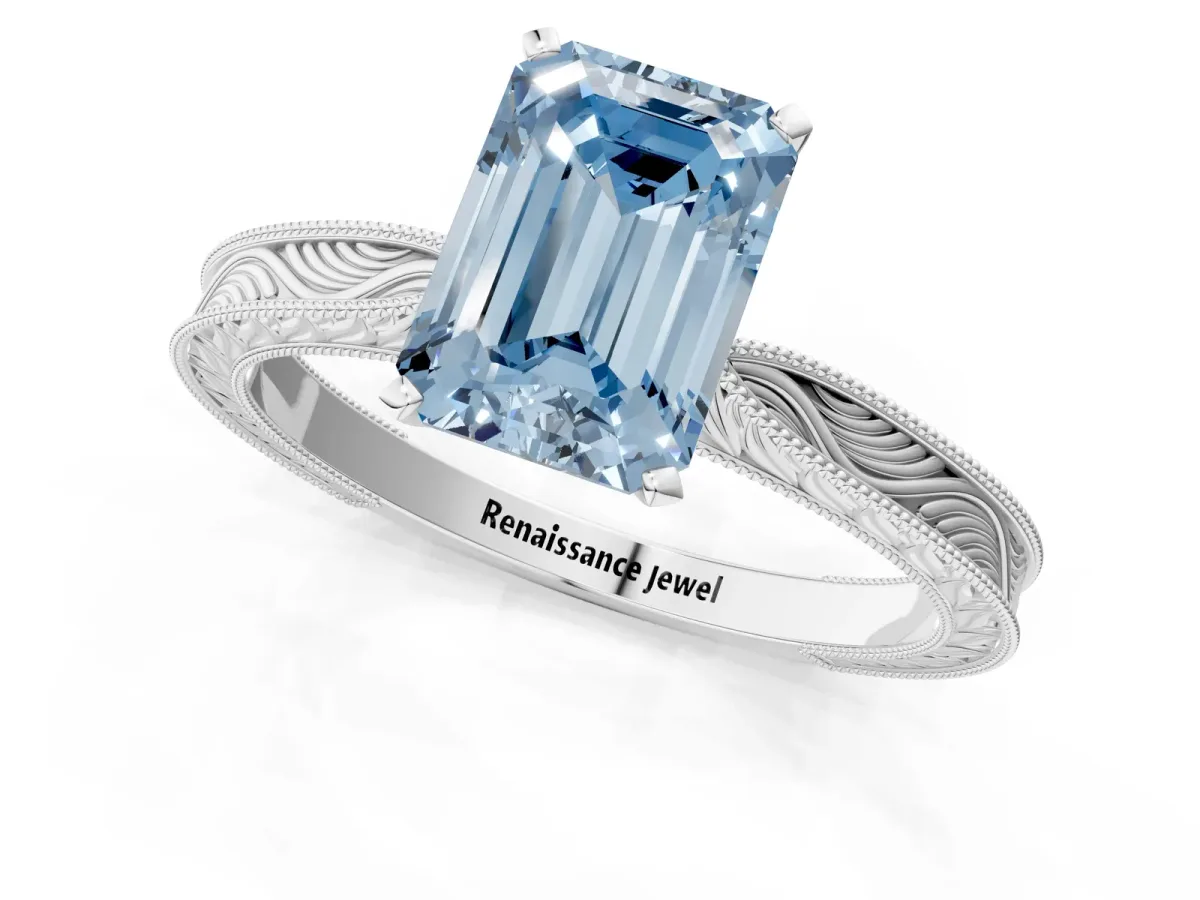 Fancy Blue Emerald Cut Solitaire Milgrain Engraved Band with Four-Prong Setting White gold