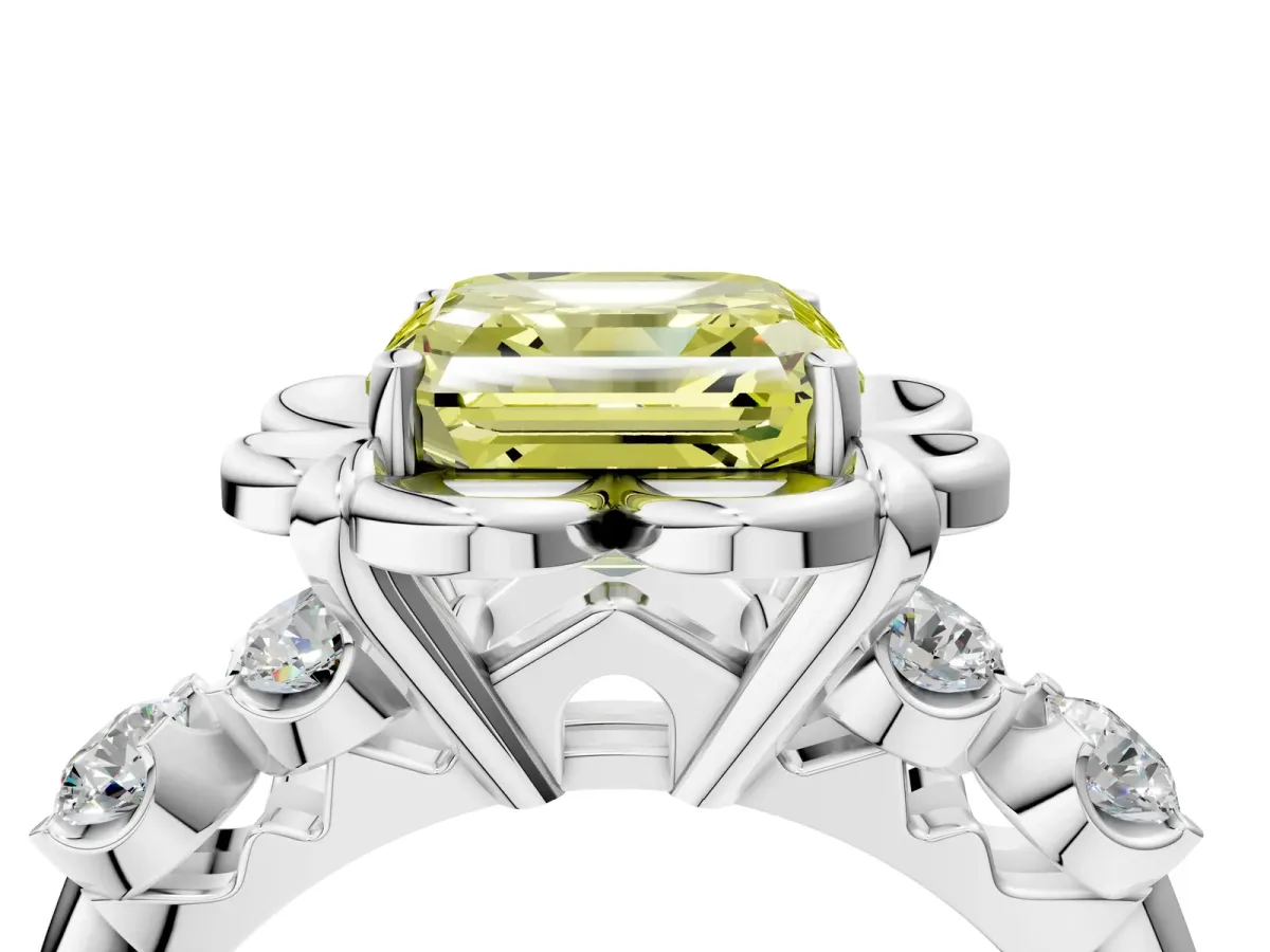 Fancy Yellow Asscher Cut Cut Diamond Floral Halo Engagement Ring with Shared Prong Setting Silver