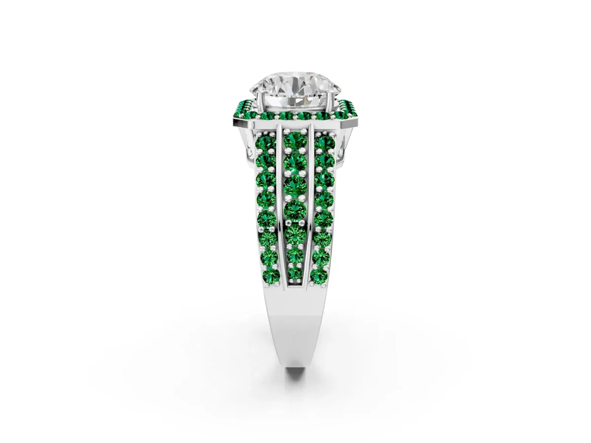 Round Cut Halo Diamond Ring with Round Emerald Split Shank and Prong Setting White gold
