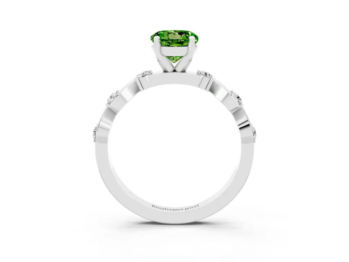 Round Cut Peridot Solitaire Twisted Band with Round Accents and Prong Setting Silver