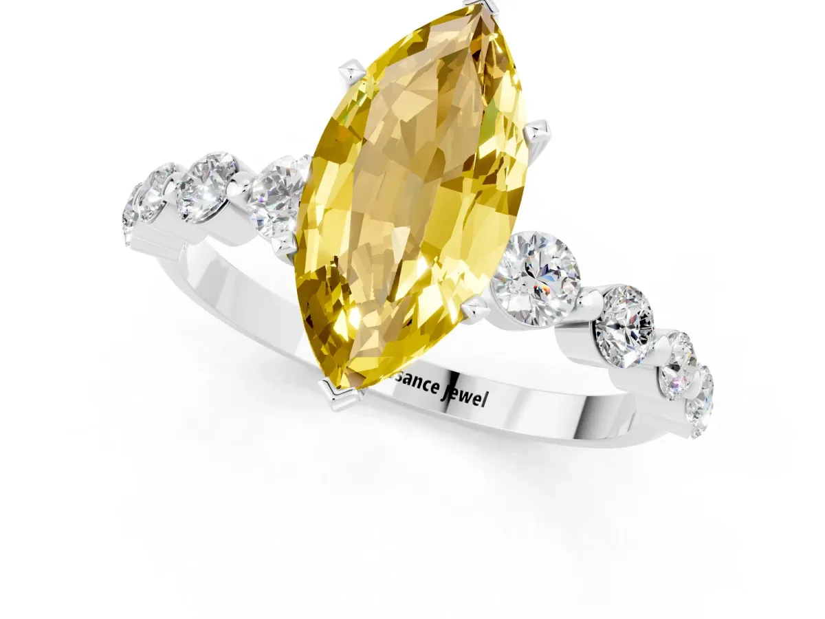 Marquise Cut Solitaire Yellow Sapphire Ring with Pave Band and Four-Prong Setting Silver