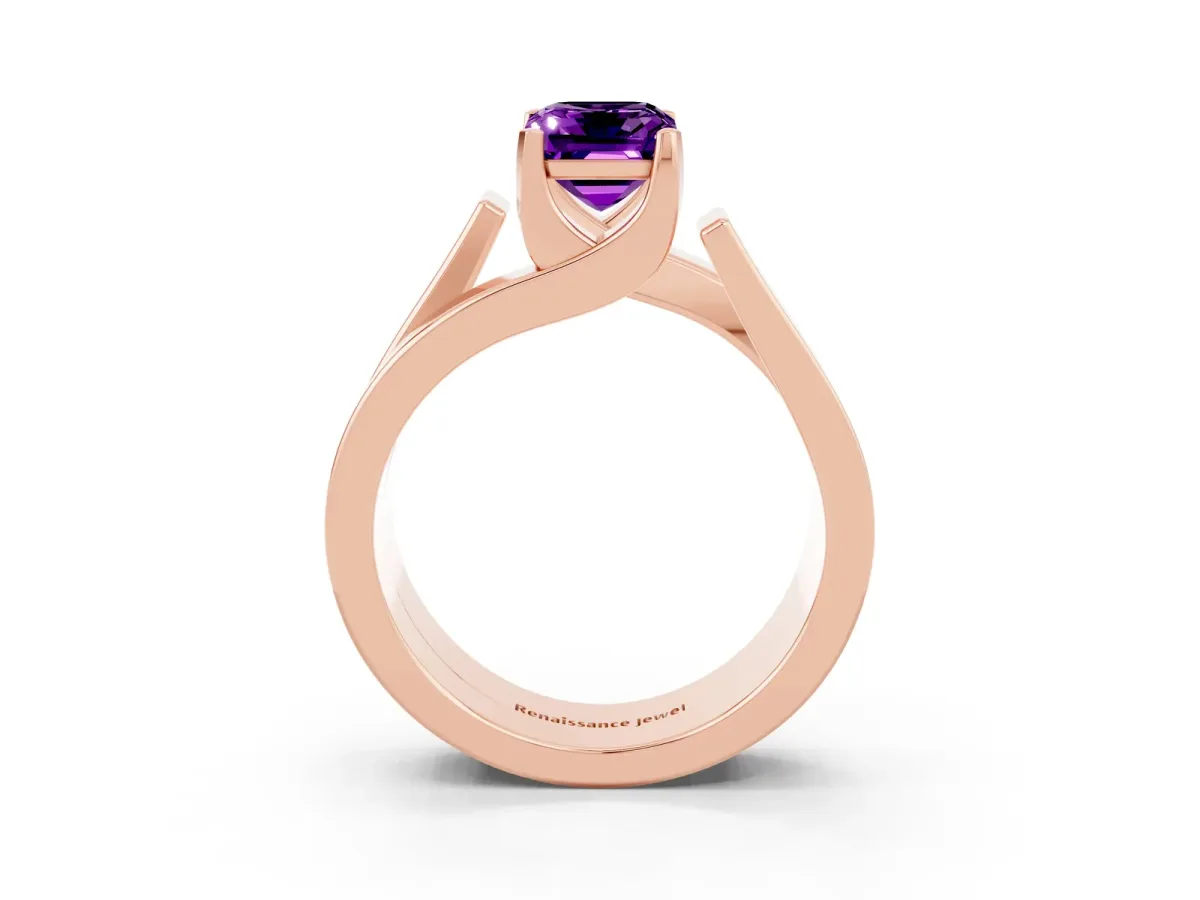 Modern Tension Set Emerald Cut Amethyst Solitaire Wide Band Ring Rose gold