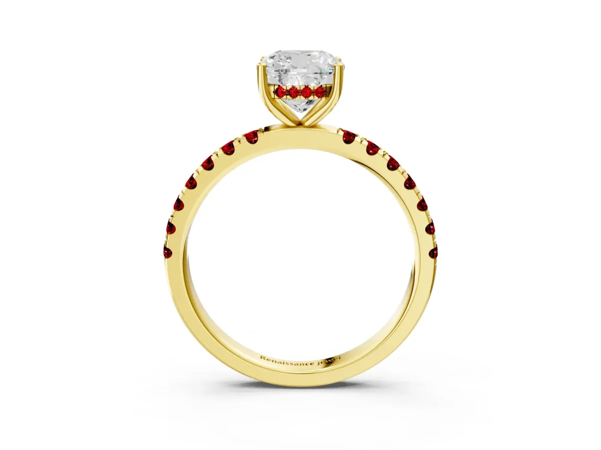 Cushion Cut Diamond Pave Band Solitaire Ring with Round Ruby and Prong Setting Yellow gold
