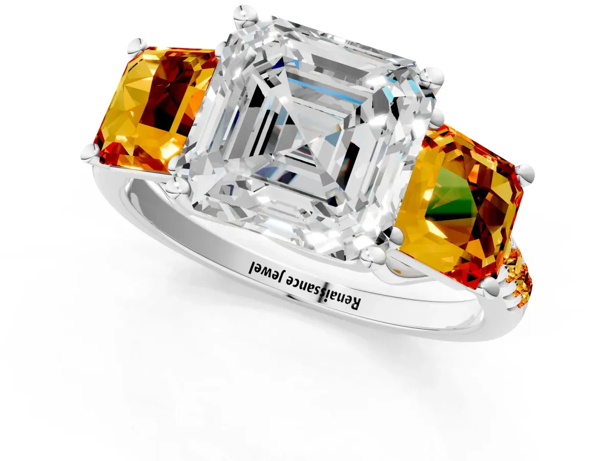 Three-Stone Asscher Cut Diamond Ring with Round Citrine Pavé Band and Prong Setting Silver
