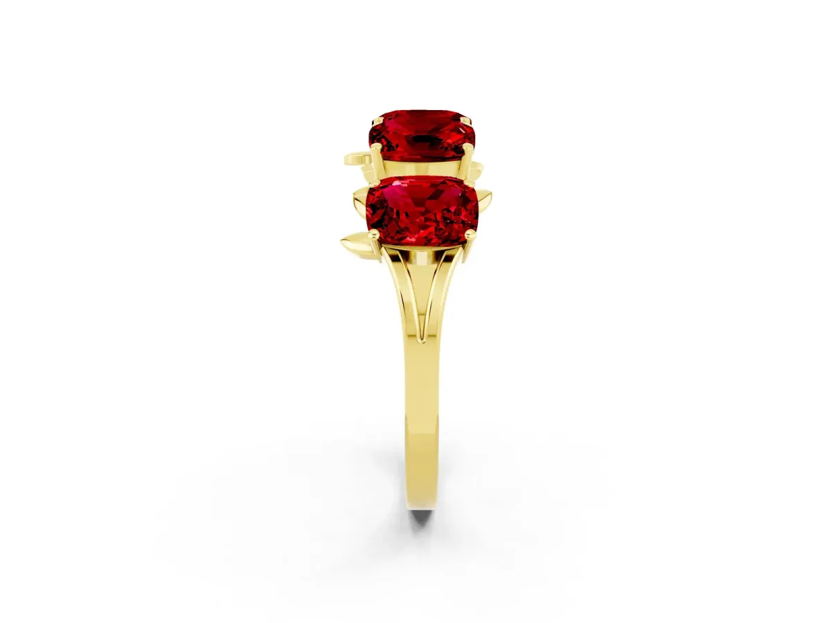 Four-Stone Elongated Cushion Ruby Band with Nature-Inspired Prong Setting Yellow gold