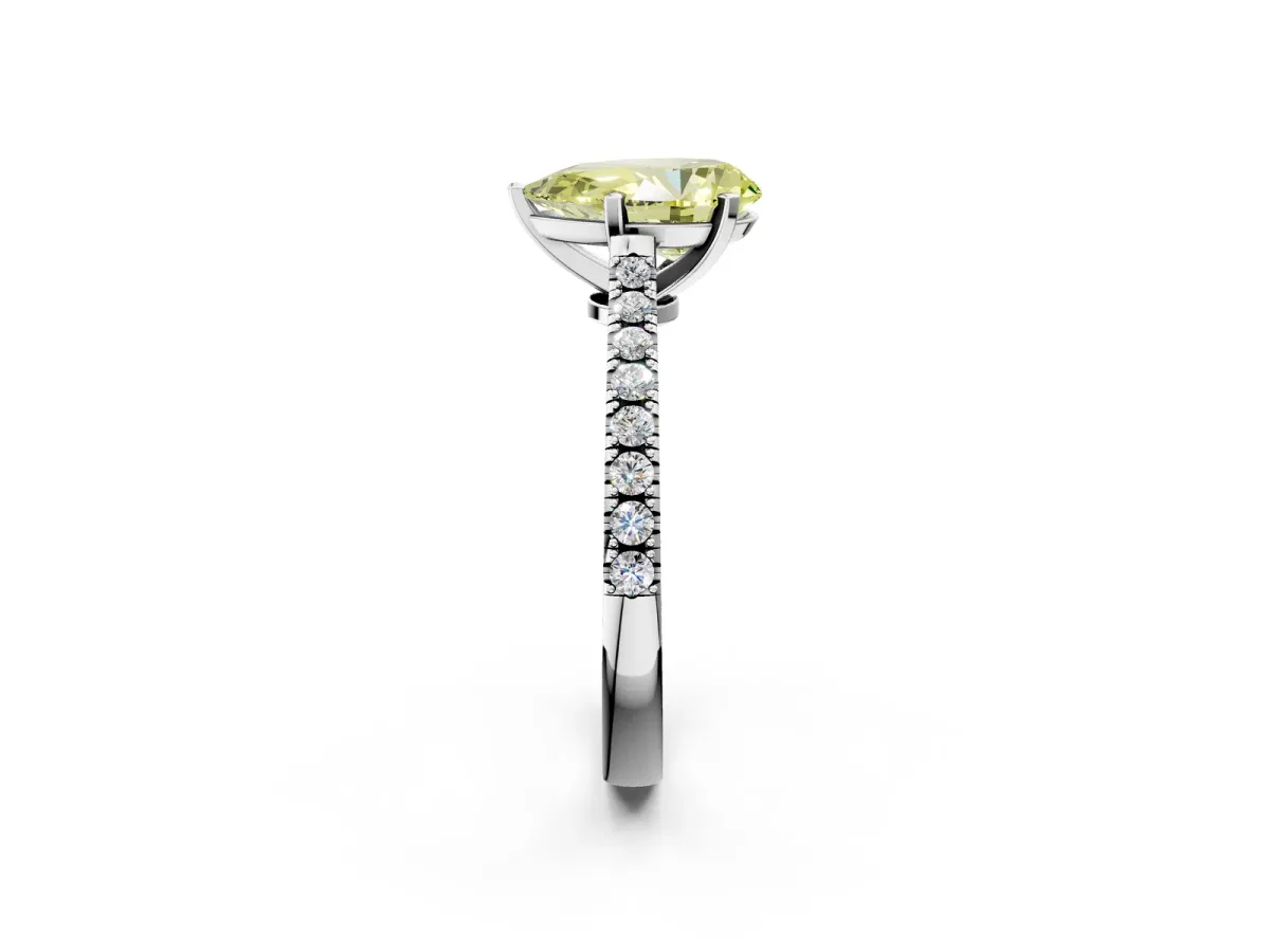 Fancy Yellow Pear Cut Cut Solitaire Diamond Engagement Ring with Pave Band and Four-Prong Setting Silver