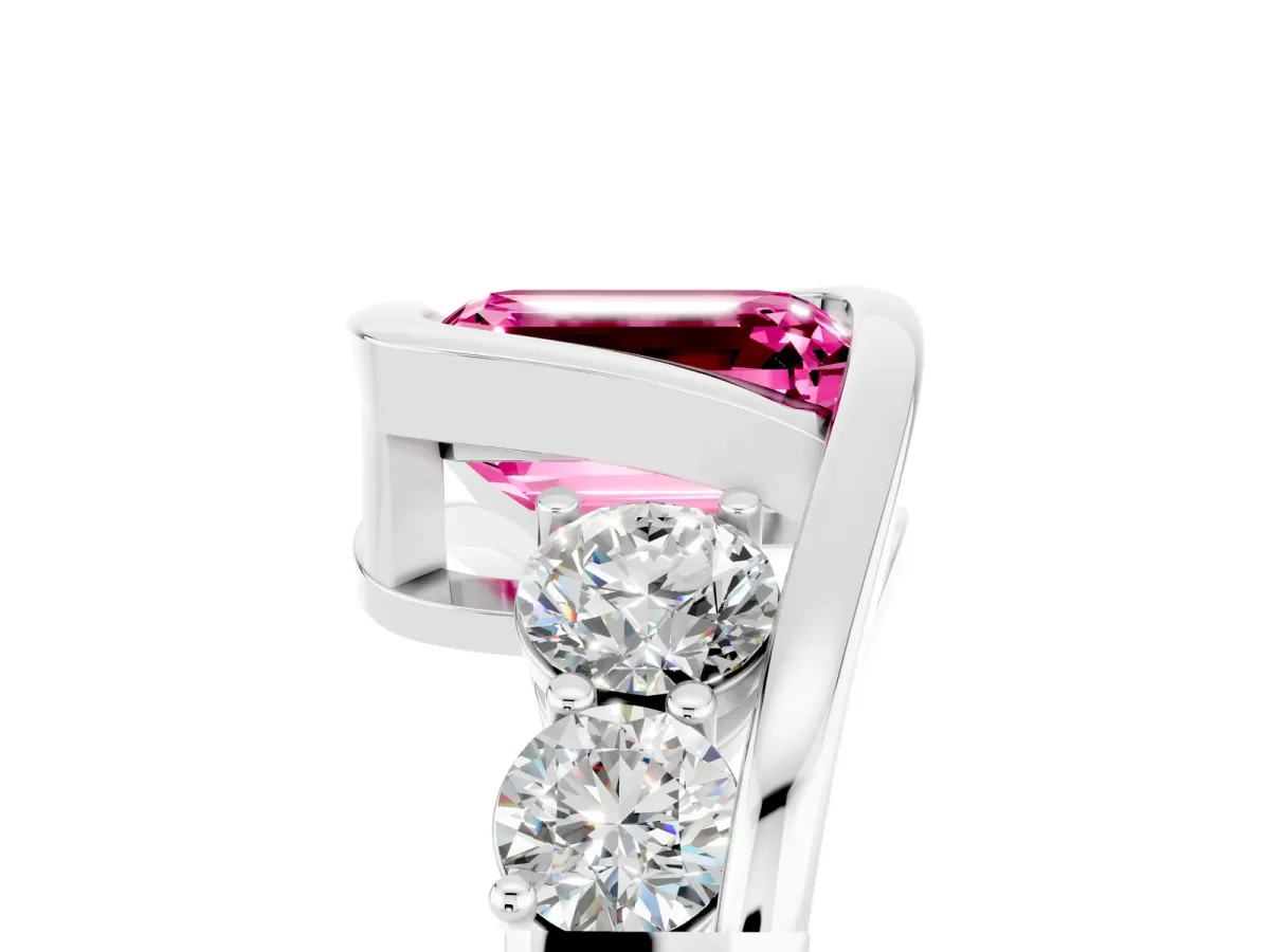 Bezel Set Emerald Cut Pink Sapphire Bypass Ring with Round Accents Silver
