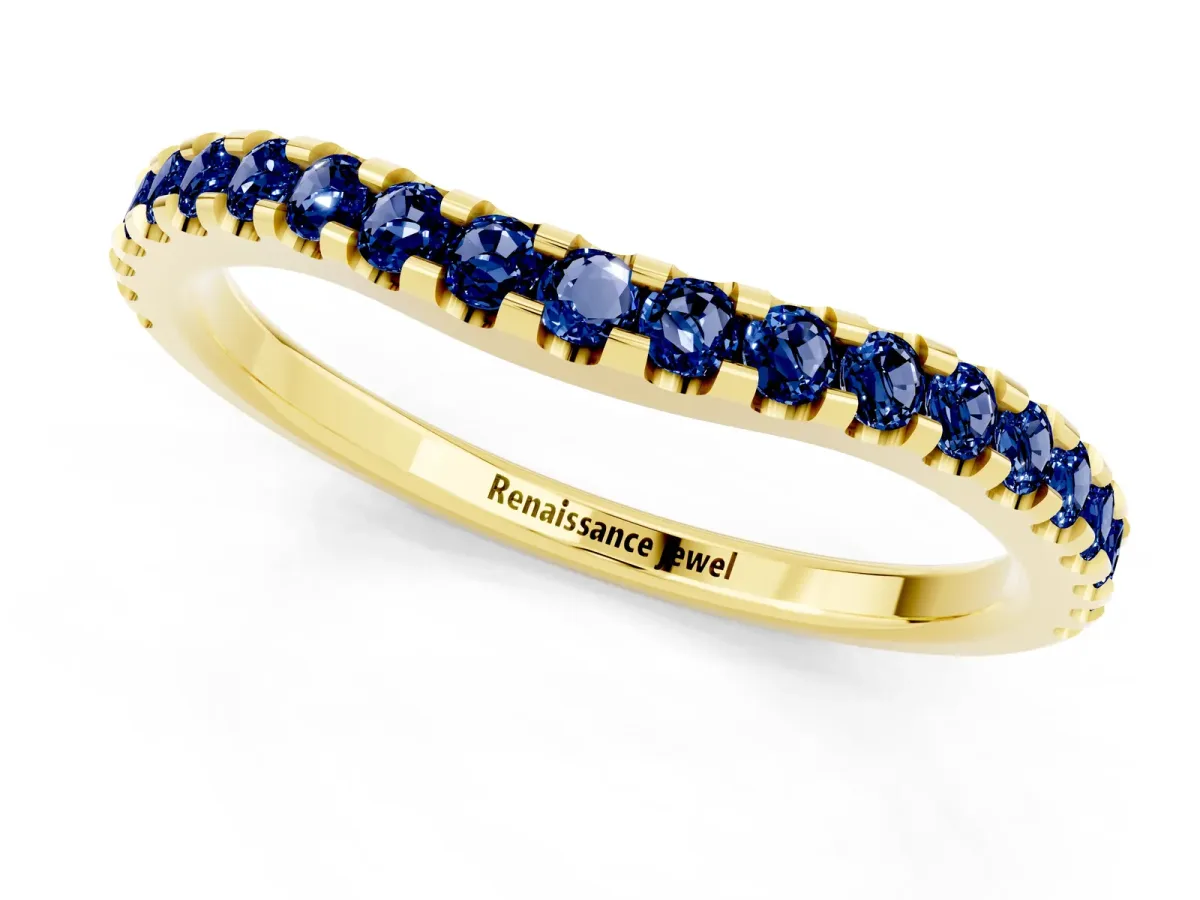 Round Blue Sapphire Pavé Curved Wedding Band Yellow gold