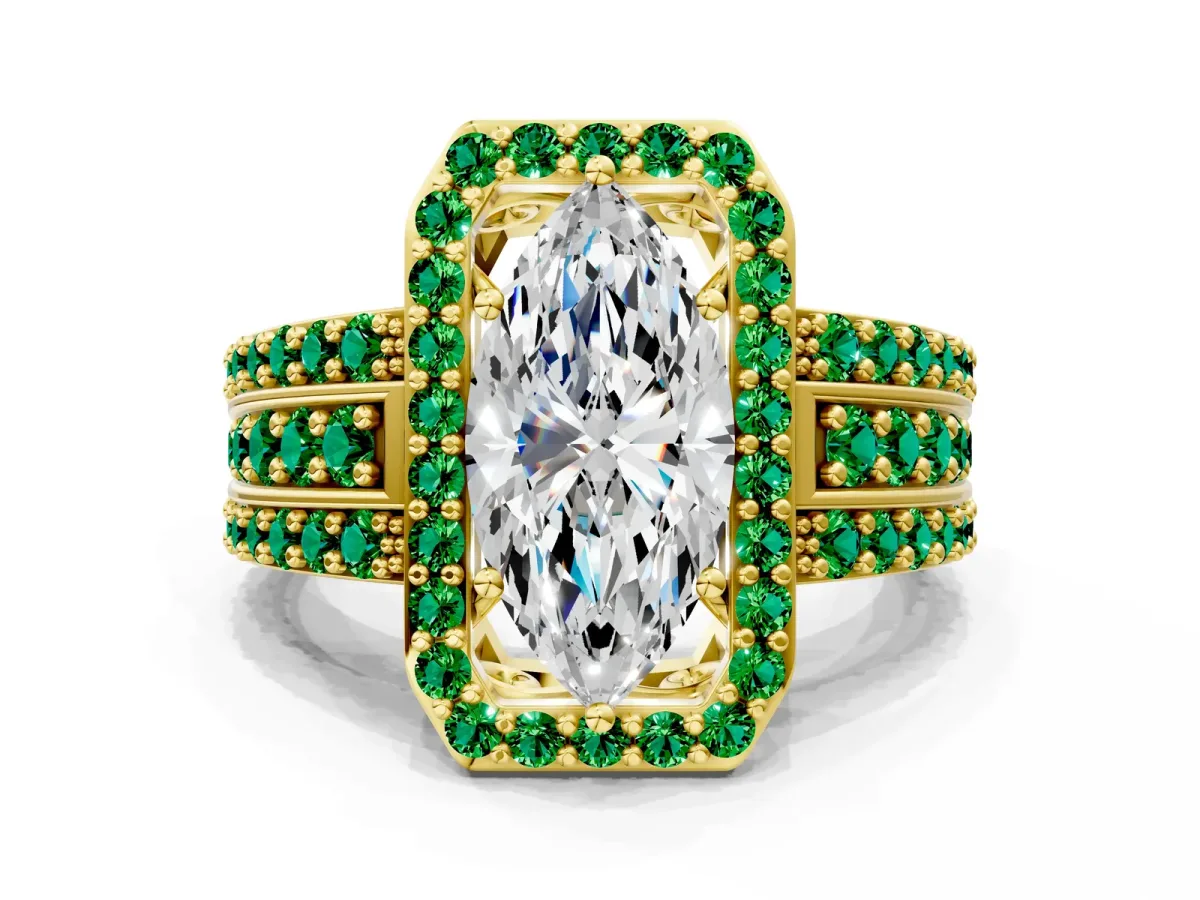 Marquise Cut Halo Diamond Ring with Round Emerald Split Shank and Prong Setting Yellow gold