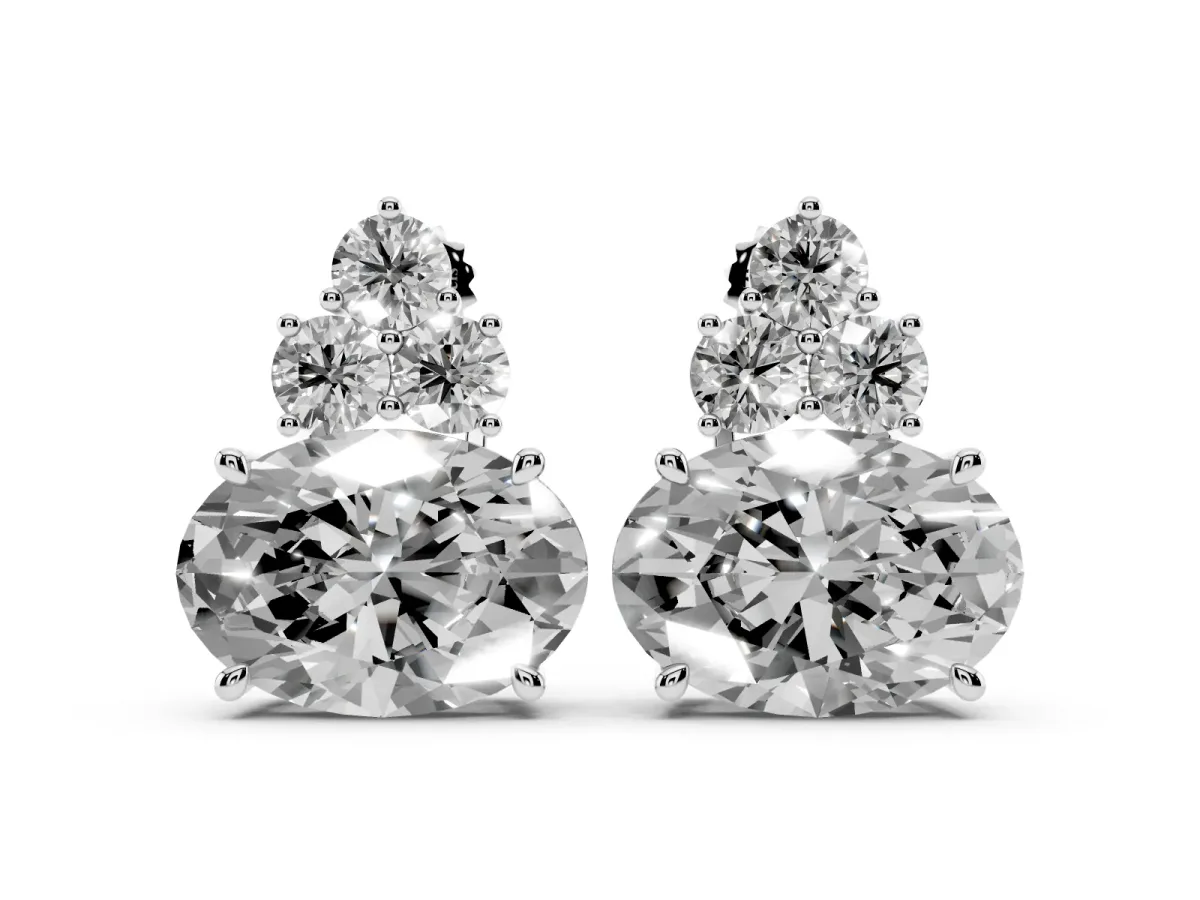 East-West Oval Diamond Cluster Stud Earrings with Round Diamond Accents Platinum