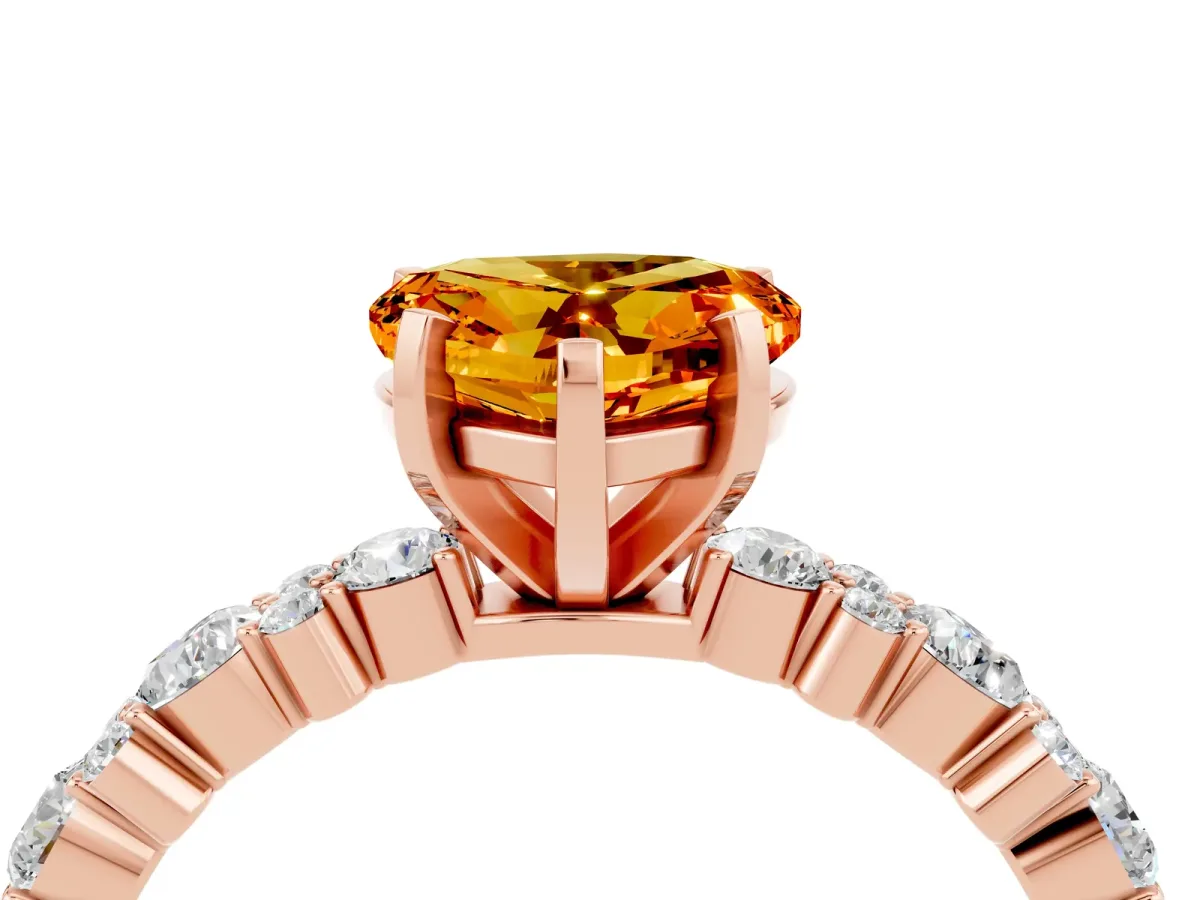 Heart Cut Citrine Side Stone Solitaire Ring with Round and Four-Prong Setting Rose gold