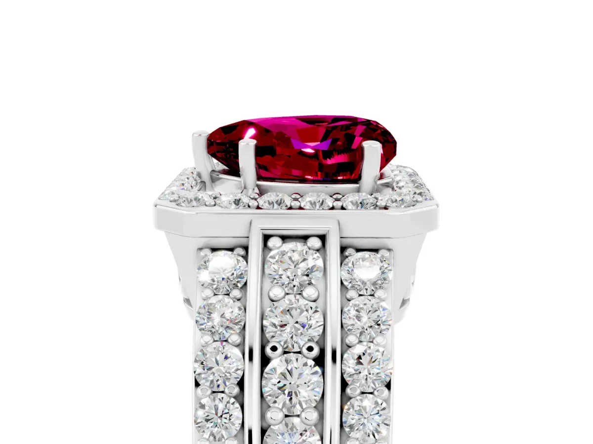 Heart Cut Halo Garnet Ring with Round Split Shank and Prong Setting Platinum