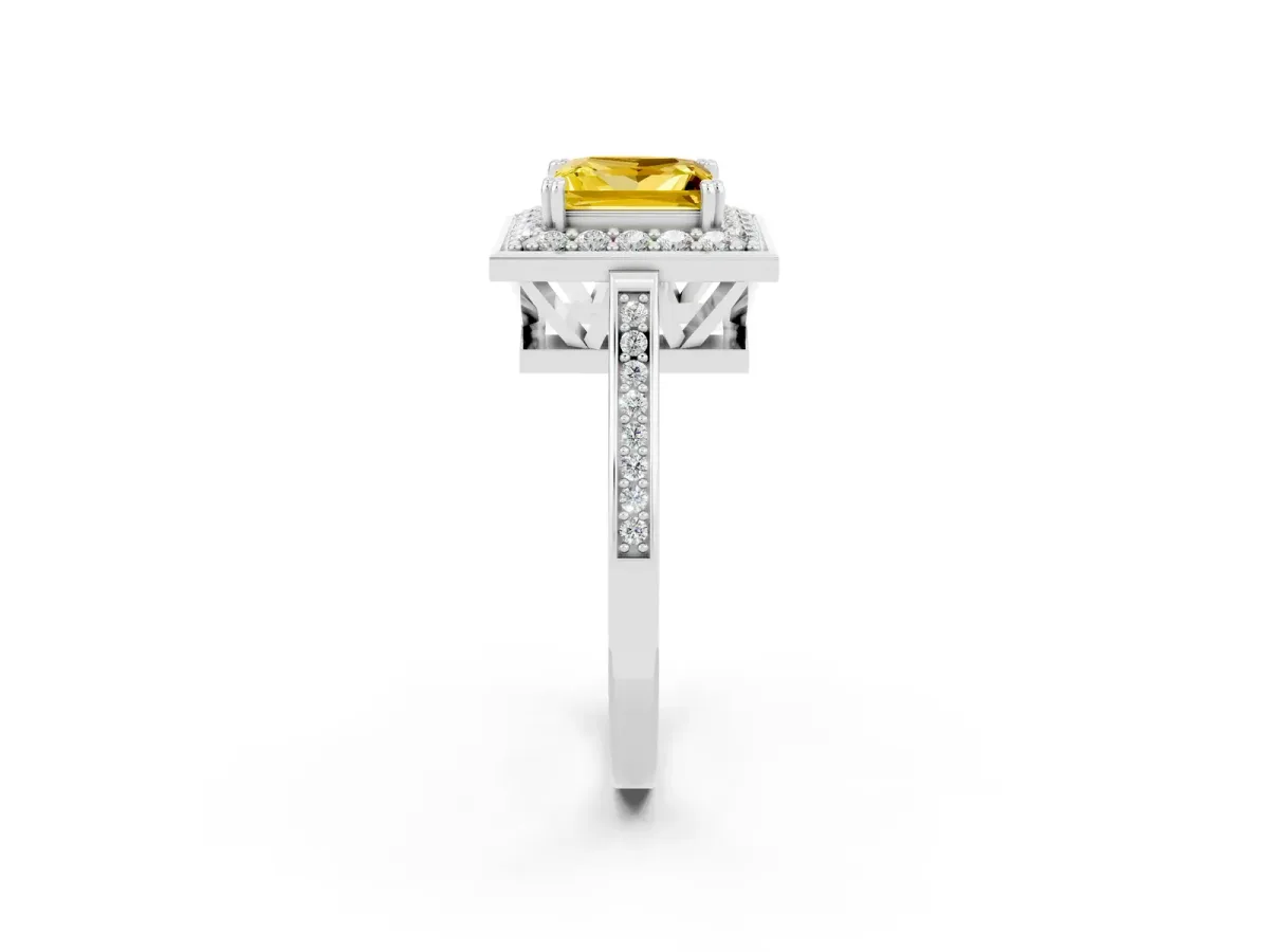 Princess Cut Yellow Sapphire Halo Ring with Split Shank and Four-Prong Setting Platinum