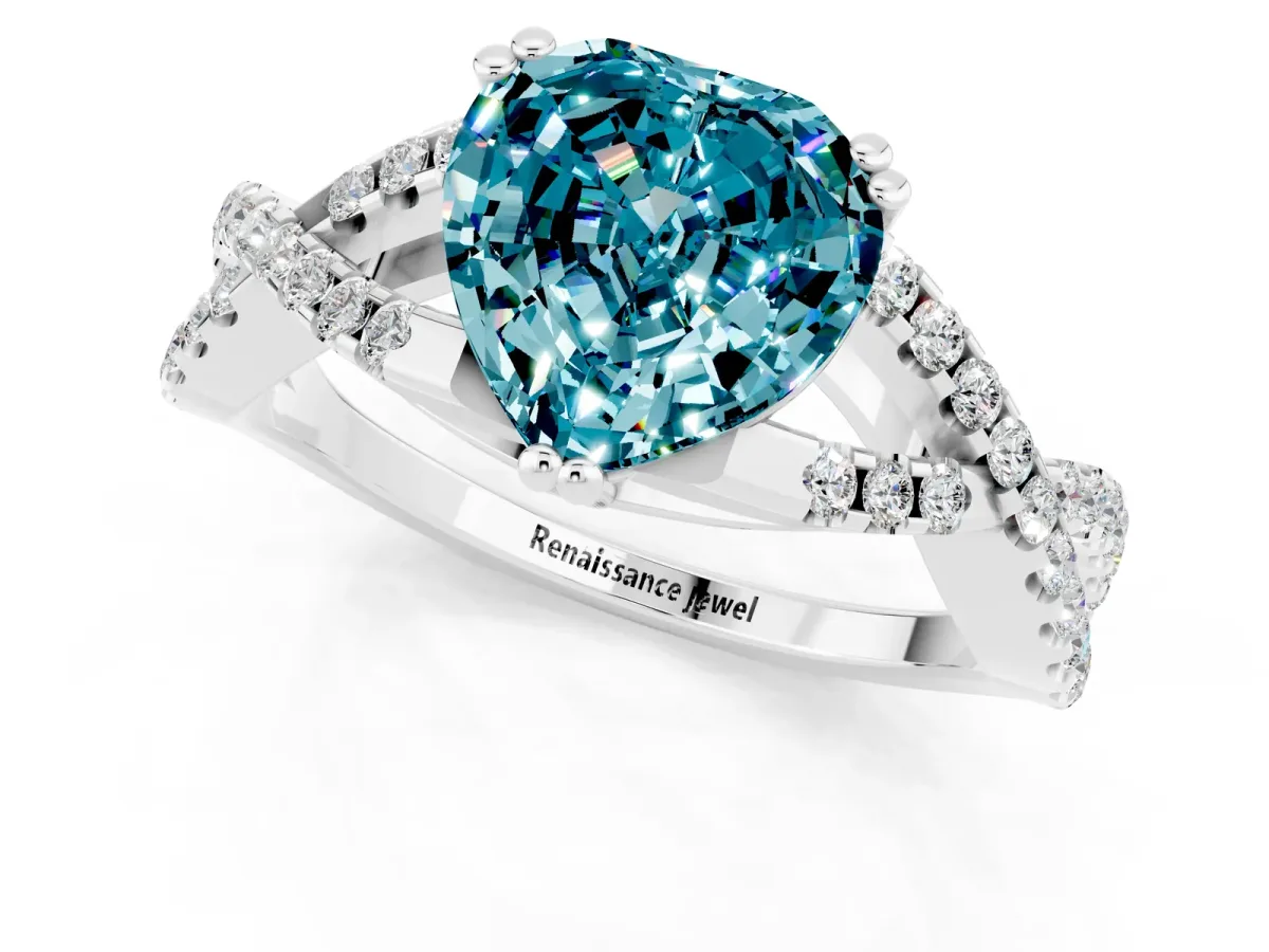 Heart Cut Blue Topaz Solitaire Ring with Four-Prong Setting and Twisted Pavé Band Silver
