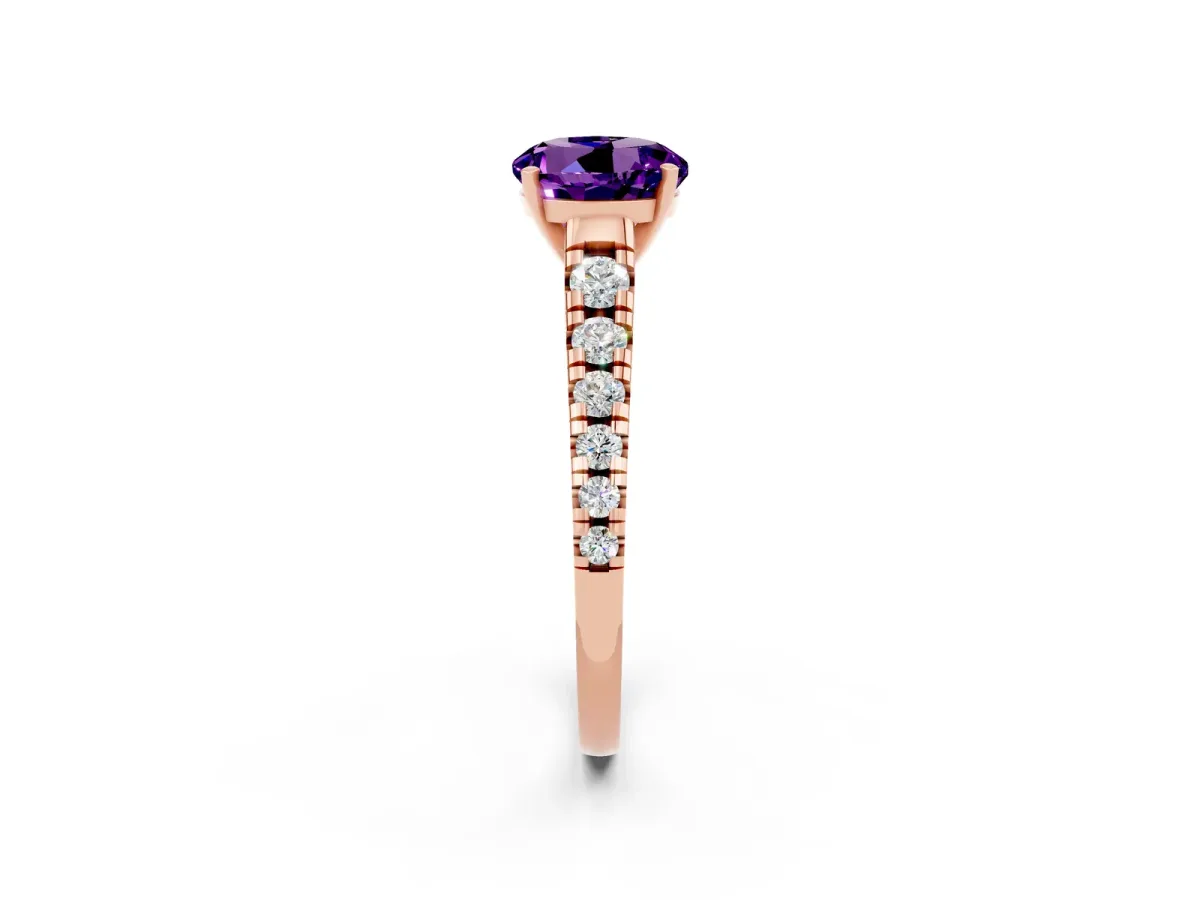 Round Cut Amethyst Cathedral Solitaire Ring with Round Pavé Band Rose gold