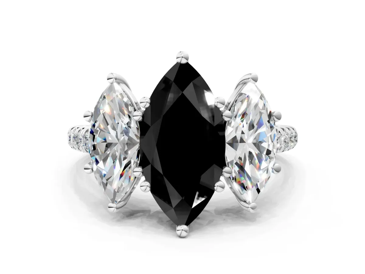 Fancy Black Three-Stone Marquise Cut Diamond Ring with Round Pavé Band and Prong Setting Silver