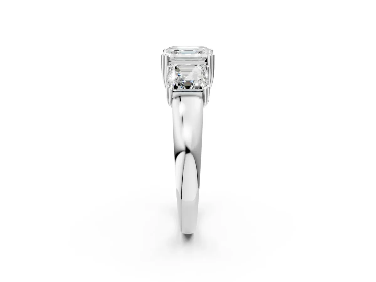 Three-Stone Asscher Cut Cut Diamond Ring with Channel Set Band and Four-Prong Setting White gold