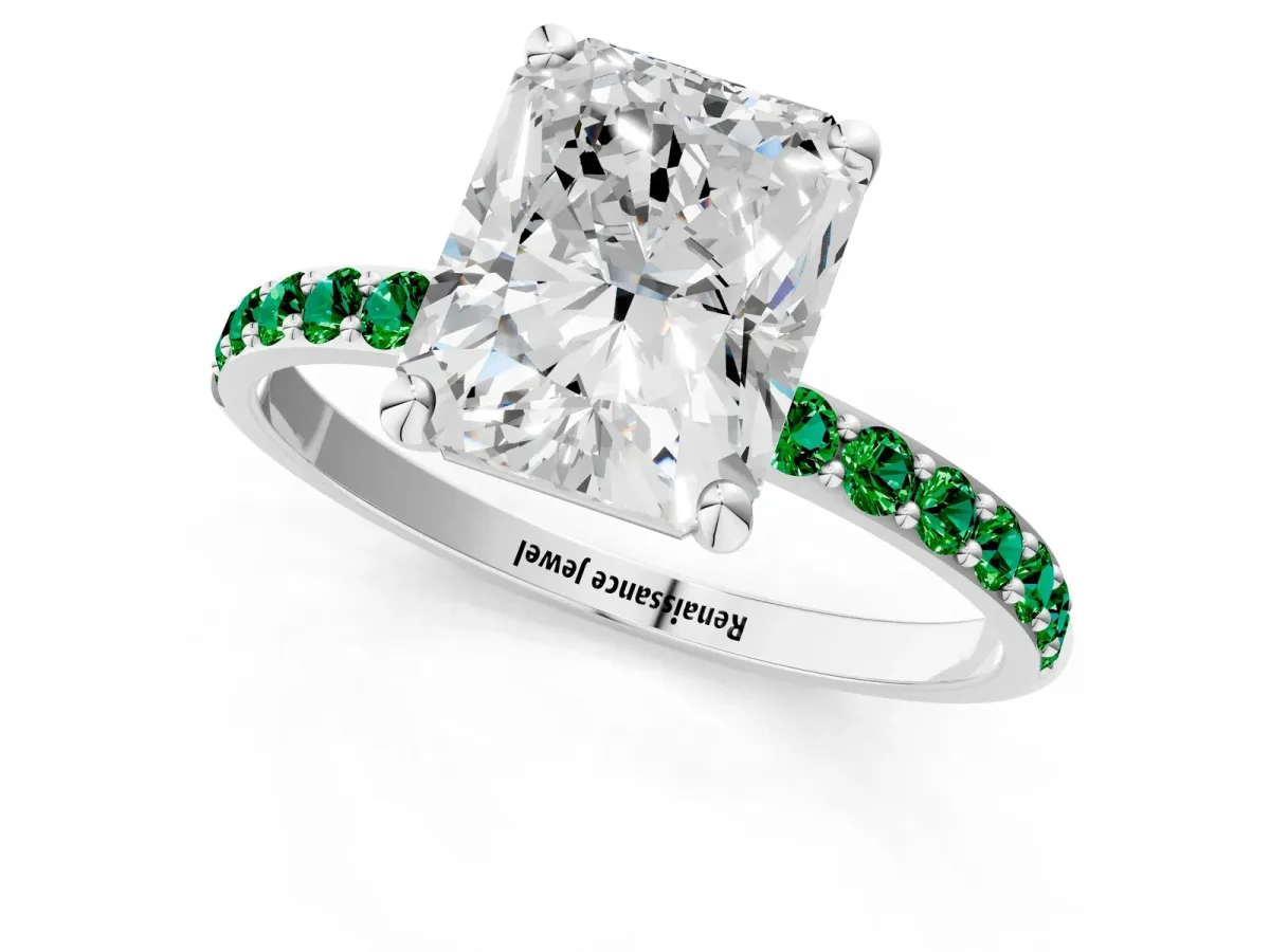 Radiant Cut Diamond Solitaire Ring with Round Emerald Pavé Band and Prong Setting Silver