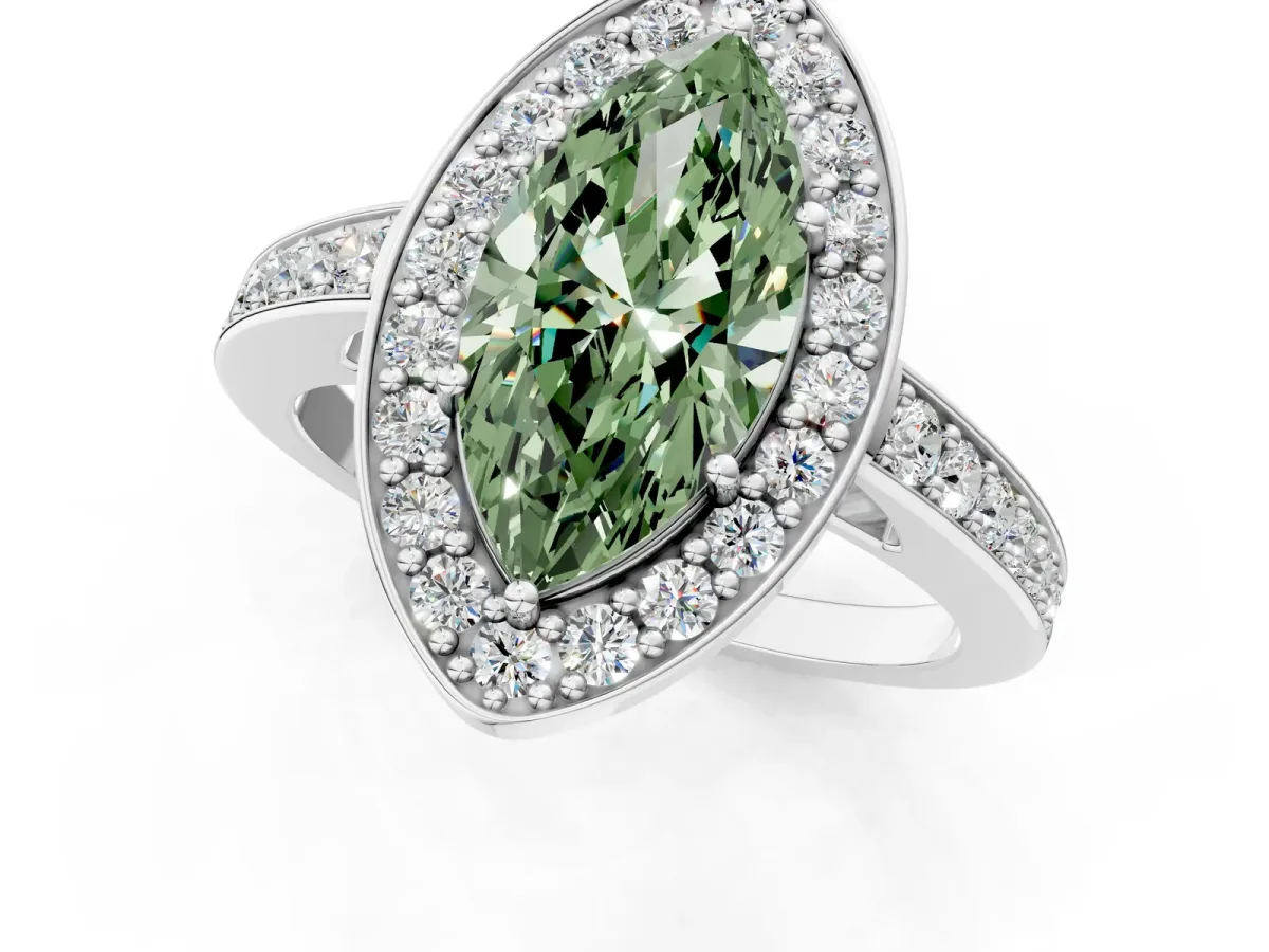 Fancy Green Marquise Cut Halo Pavé Diamond Engagement Ring with Bezel Setting Silver