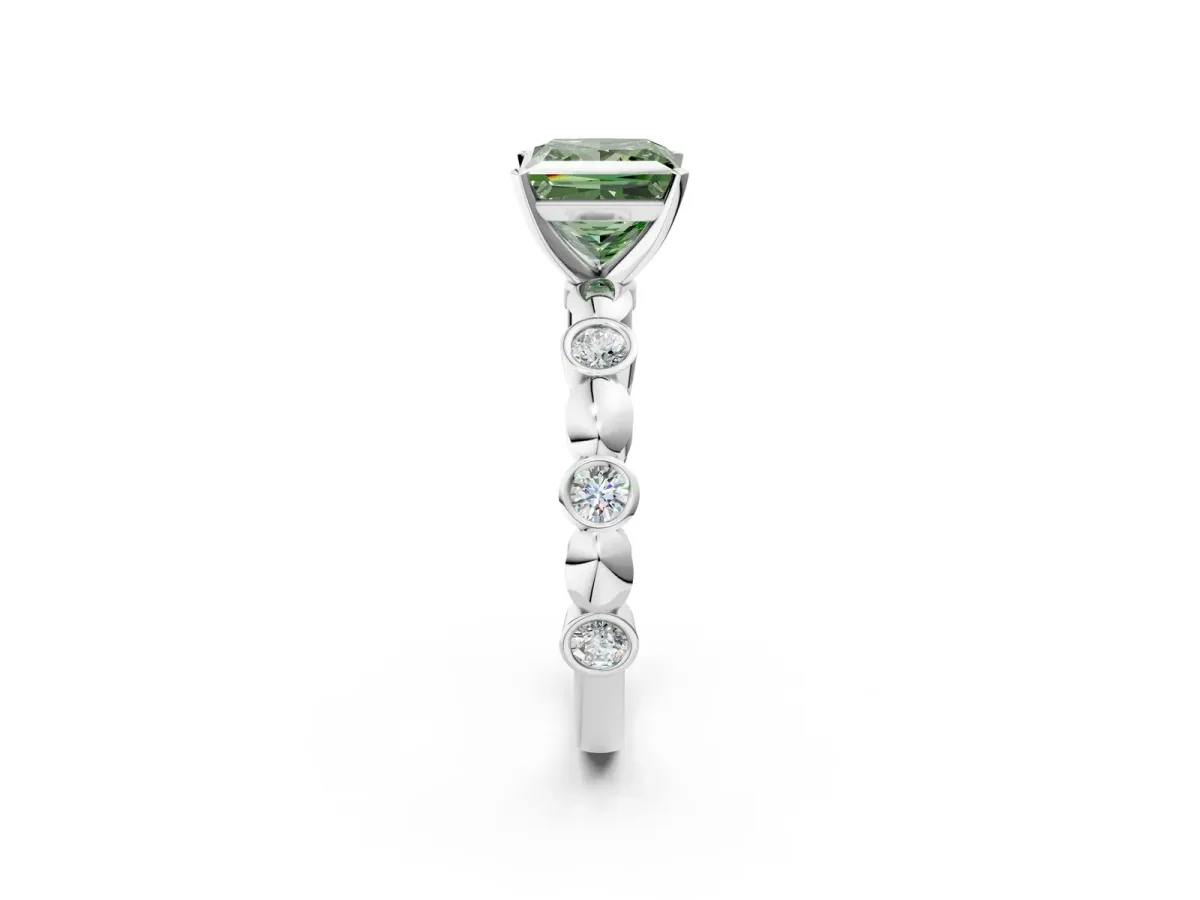 Fancy Green Princess Cut Solitaire Bezel-Set Diamond Ring with Beaded Band and Four-Prong Setting Silver