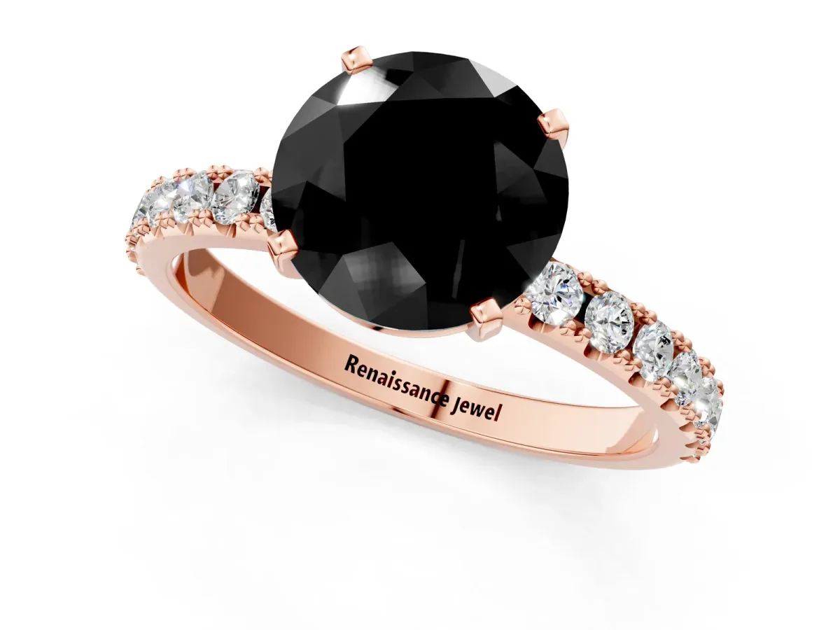 Fancy Black Round Cut Diamond Solitaire Pavé Band with Four-Prong Setting Rose gold