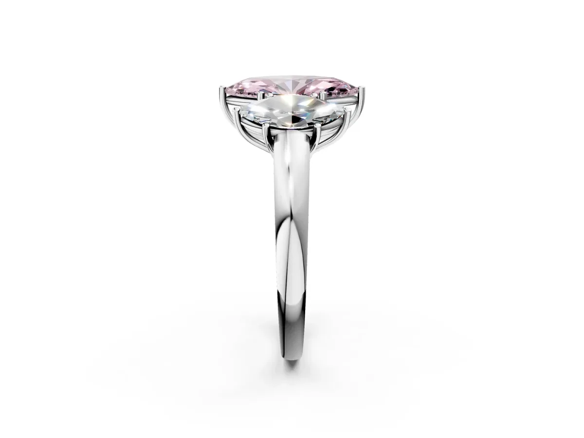 Fancy Pink Marquise Cut Diamond Three-Stone Ring with Four-Prong Setting and Classic Band Platinum