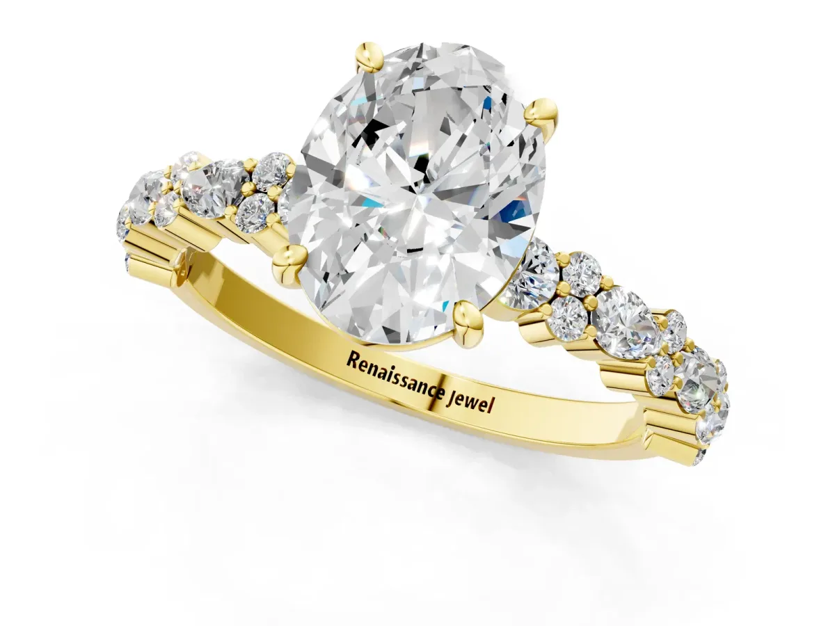 Oval Cut Diamond Side Stone Solitaire Ring with Round and Four-Prong Setting Yellow gold