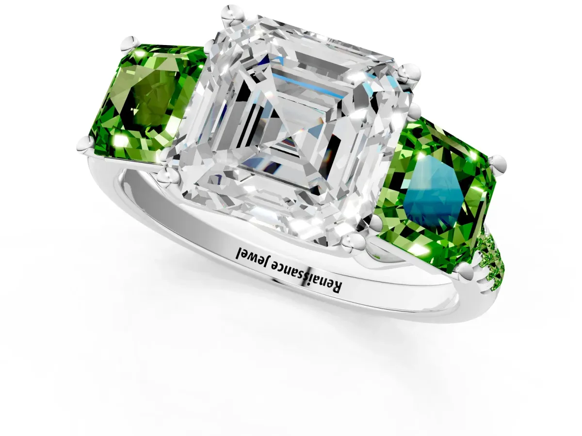 Three-Stone Asscher Cut Diamond Ring with Round Peridot Pavé Band and Prong Setting Silver