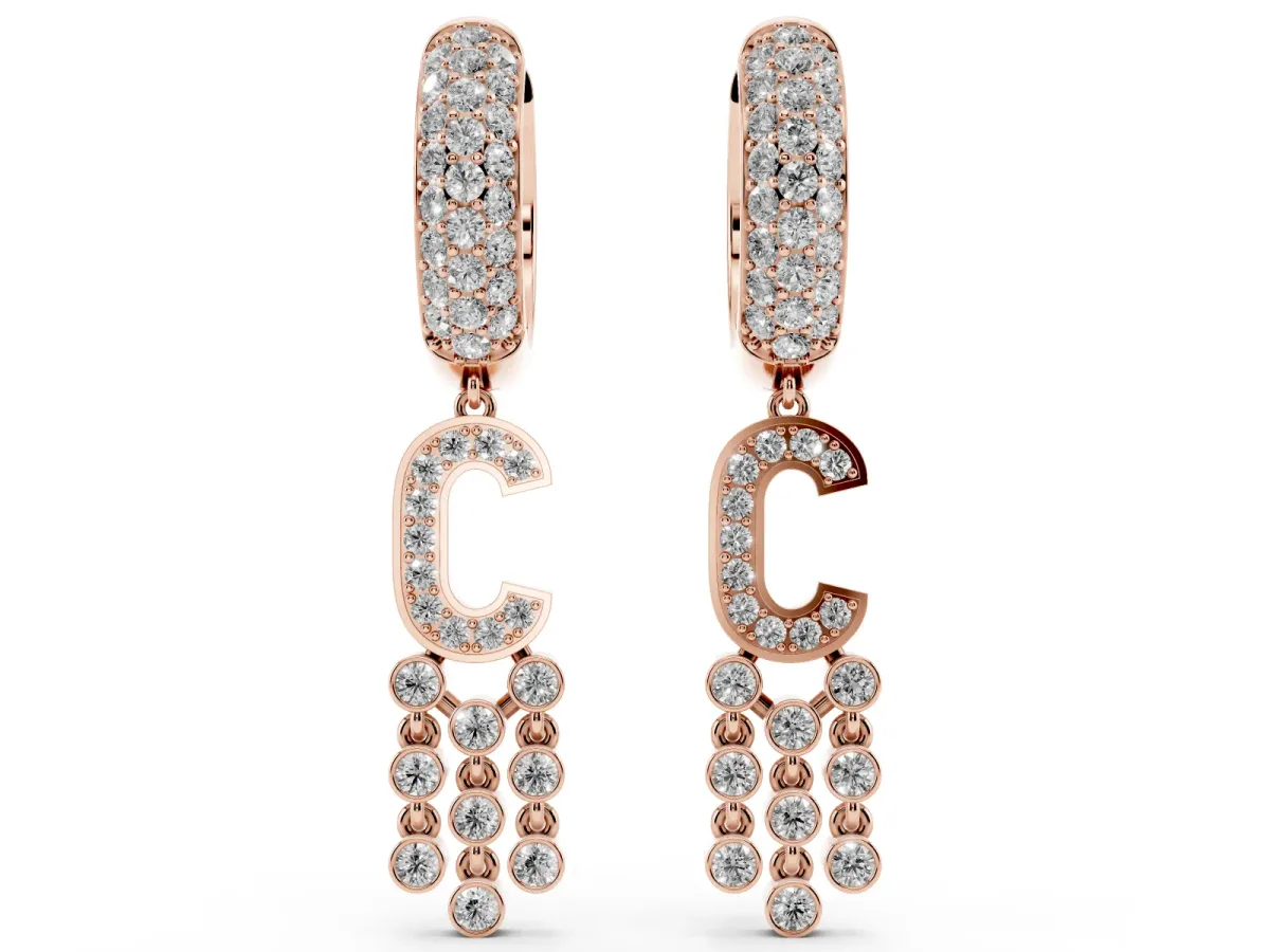 Round Diamond Initial C Huggie Hoop Earrings Rose gold