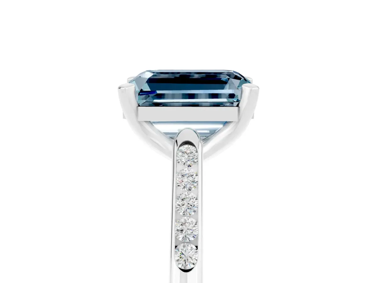 Emerald Cut Aquamarine Solitaire Ring with Channel Set Round Band and Prong Setting Silver