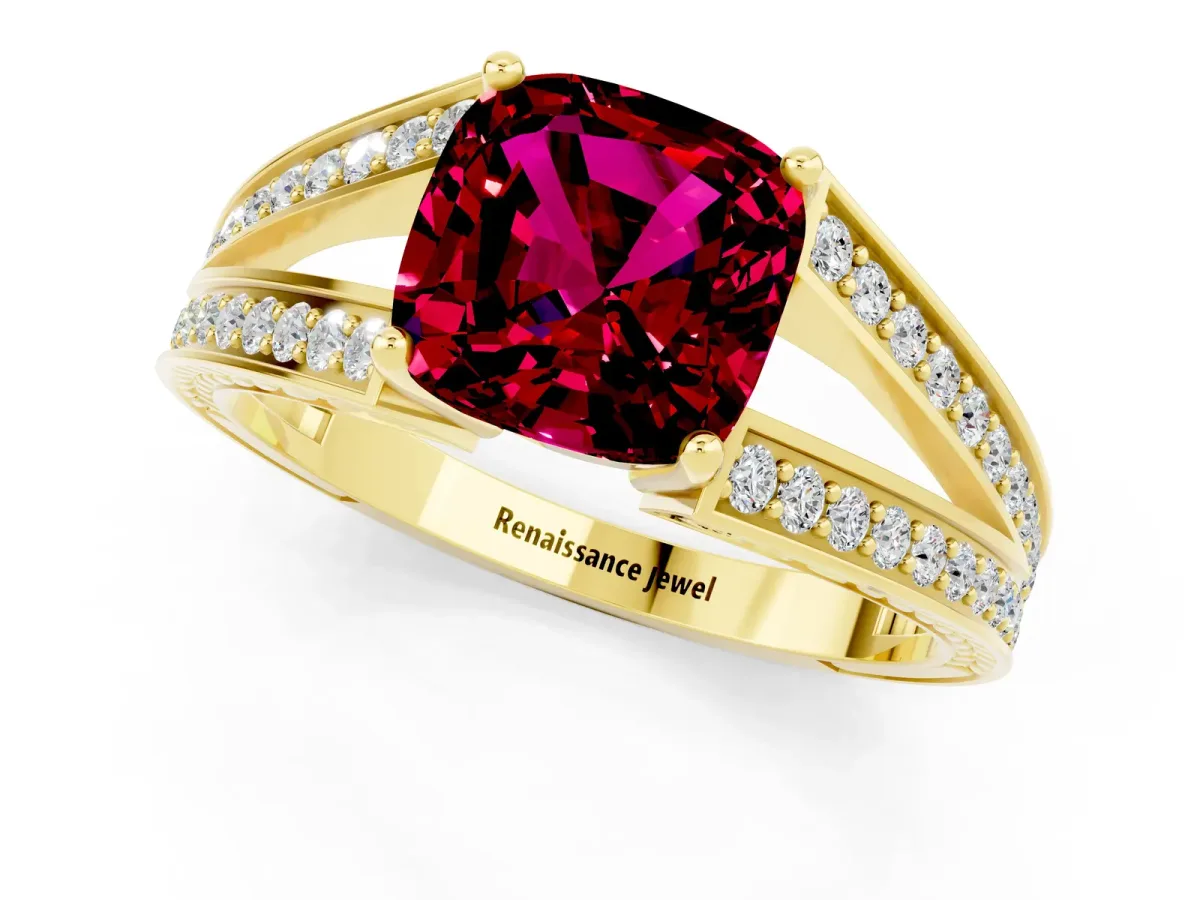 Cushion Cut Garnet Split Shank Ring with Pavé Band and Four-Prong Setting Yellow gold