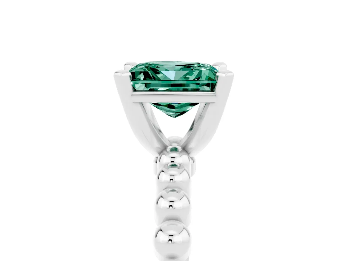 Princess Cut Green Sapphire Solitaire Ring with Beaded Band and Prong Setting Silver