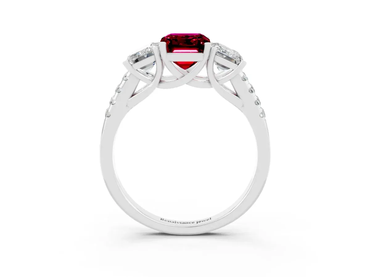 Three-Stone Emerald Cut Garnet Ring with Round Pavé Band and Prong Setting Platinum