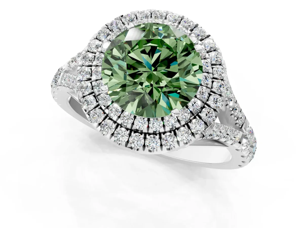 Fancy Green Double Halo Round Cut Diamond Split Shank Engagement Ring with Four-Prong Setting White gold