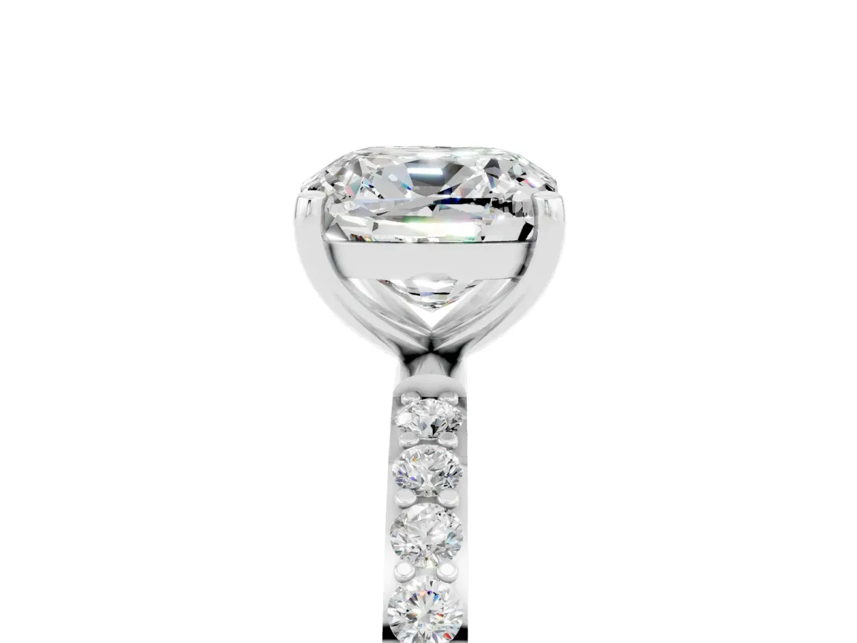 Cushion Cut Moissanite Solitaire Ring with Round Pavé Band and Prong Setting Silver