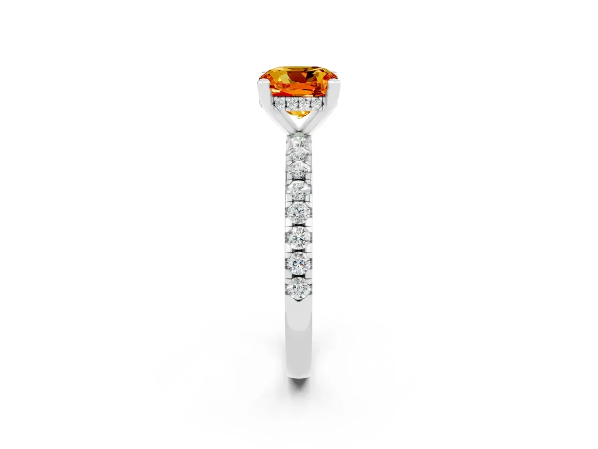 Cushion Cut Citrine Solitaire Ring with Round Pavé Band and Four-Prong Setting Silver