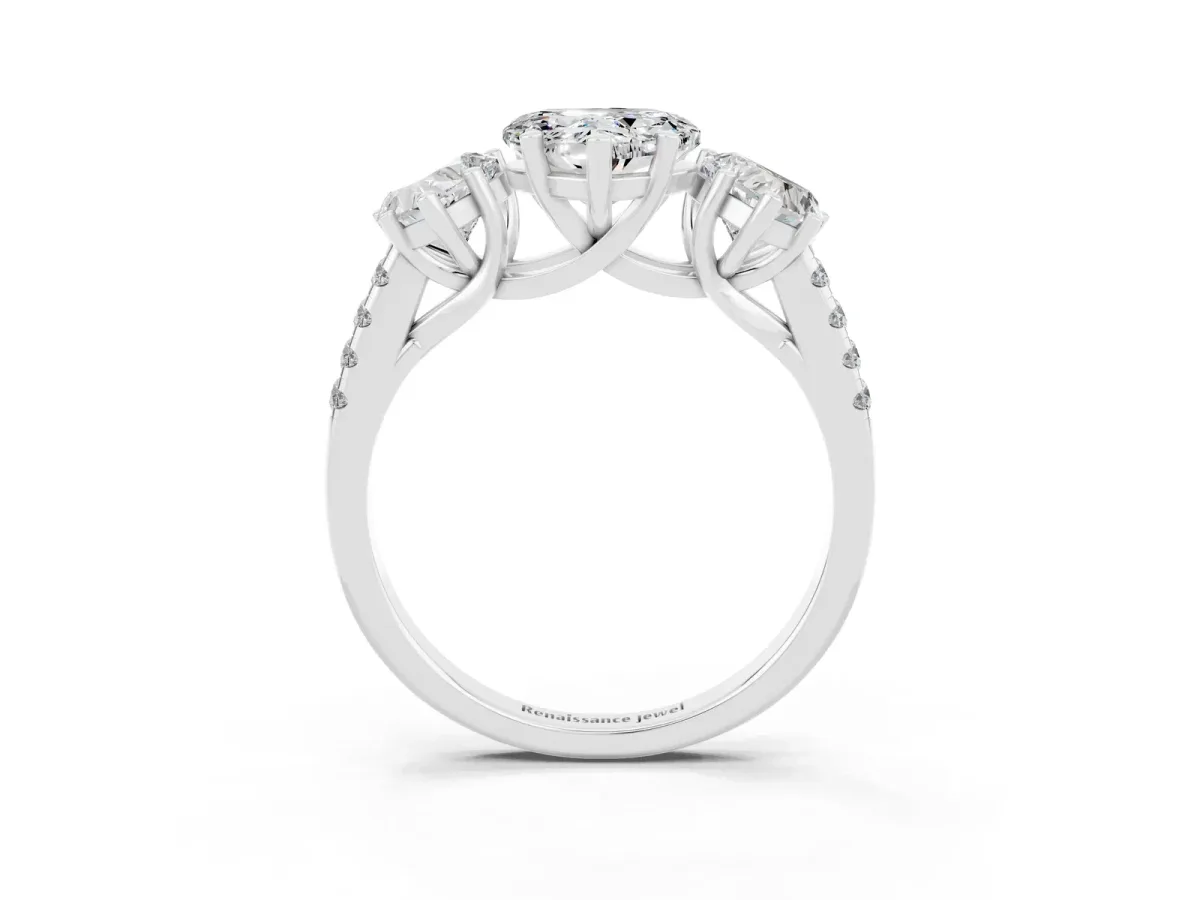 Three-Stone Heart Cut Moissanite Ring with Round Pavé Band and Prong Setting Silver