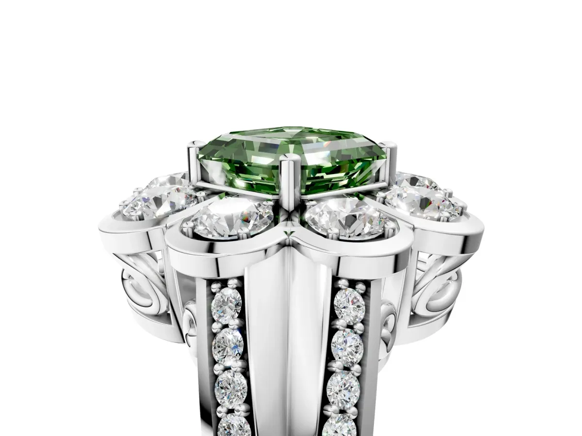 Fancy Green Asscher Cut Brilliant Flower Halo Diamond Split Shank Ring Platinum