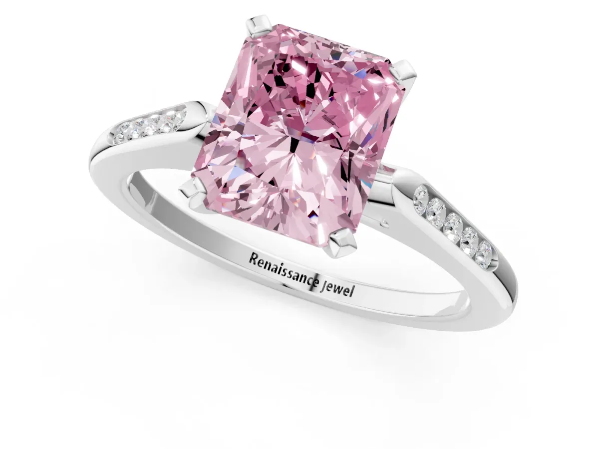 Fancy Pink Radiant Cut Diamond Solitaire Ring with Channel Set Round Band and Prong Setting Silver