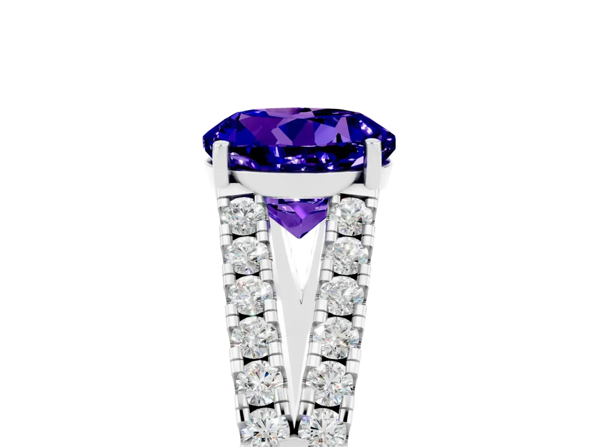 Round Cut Tanzanite Split Shank Engagement Ring with Round Pavé and Prong Setting Platinum