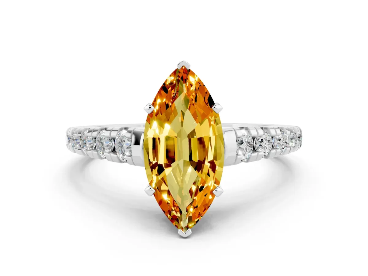 Marquise Cut Citrine Cathedral Solitaire Ring with Round Pavé Band Silver
