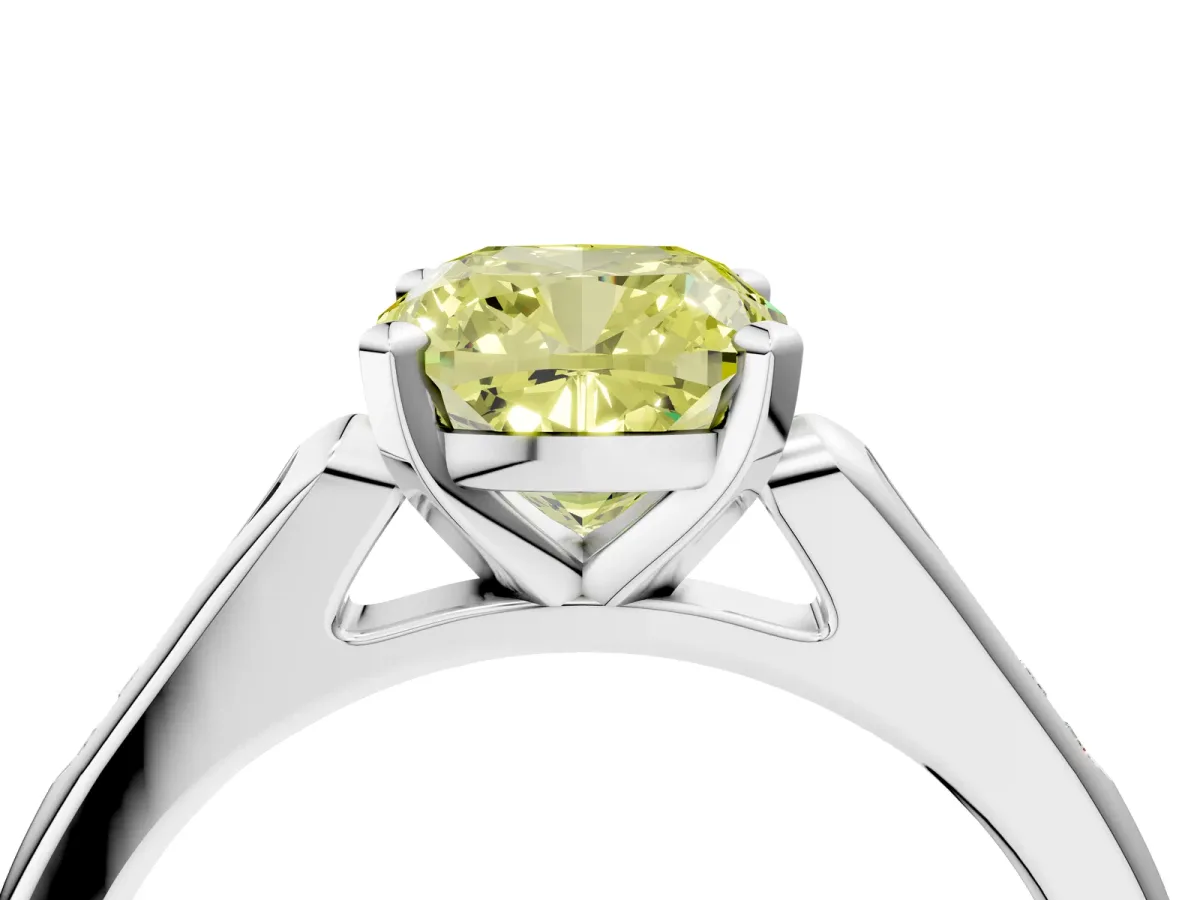 Fancy Yellow Cushion Cut Diamond Solitaire Ring with Channel Set Round Band and Prong Setting Silver